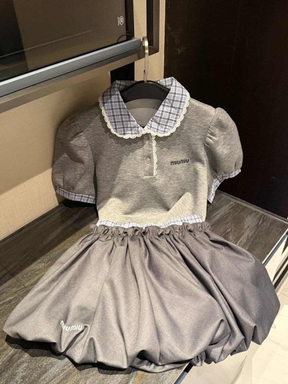 Miu Miu Grey Two-Piece Set: Puff-Sleeve Polo Top + Tulip Skirt (Size S)